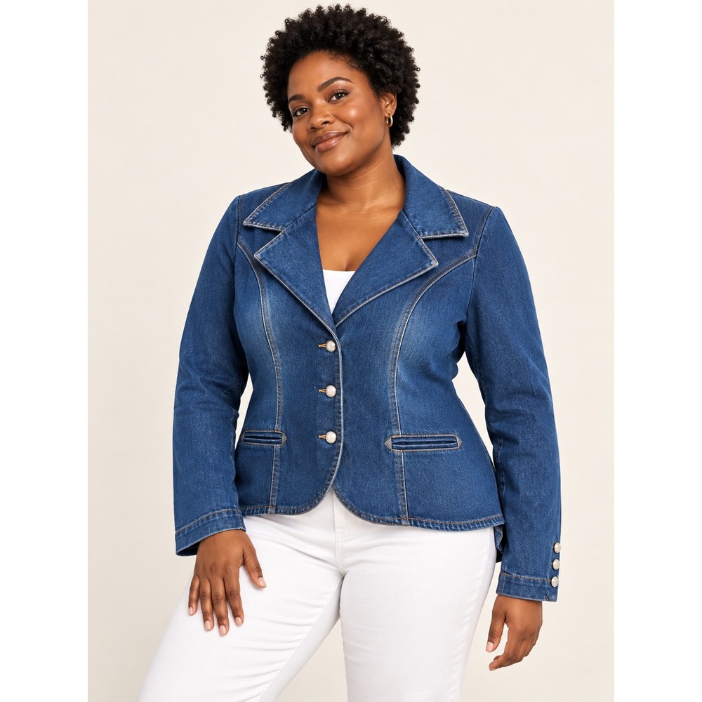 Mossimo Womens XL Denim Blazer Jacket Medium Wash High Low Fitted Button Up